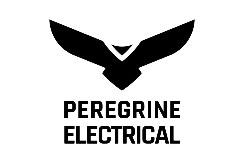 Logo - Peregrine Electrical text and graphic outline of a Peregrine black on white background