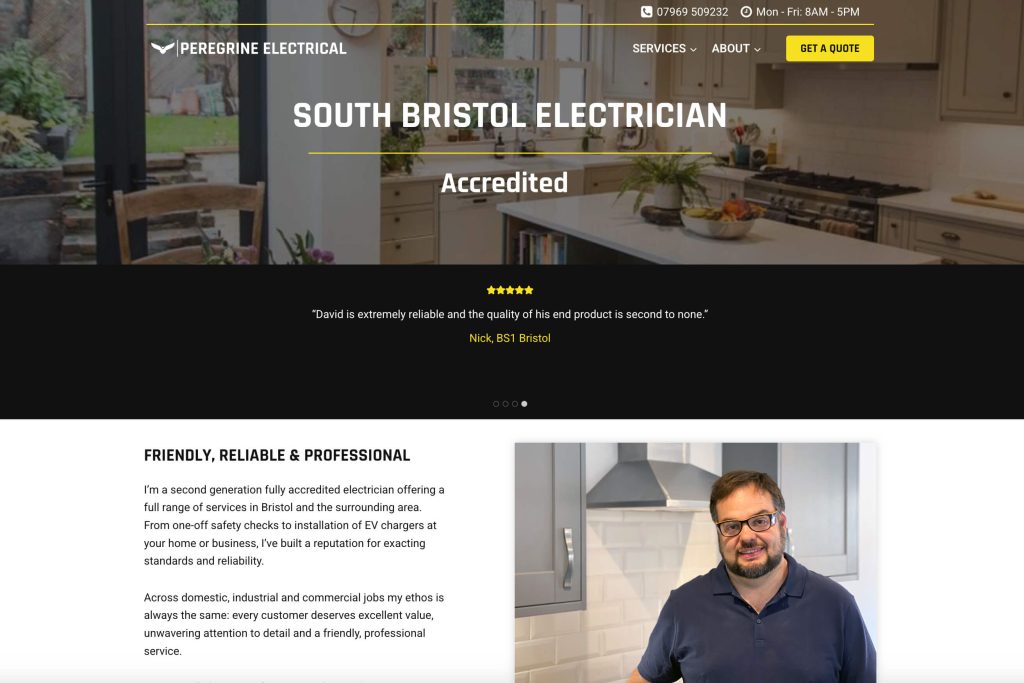 Screenshot of Peregrine Electrical website built by South Pier Web Design - peregrinservices.co.uk