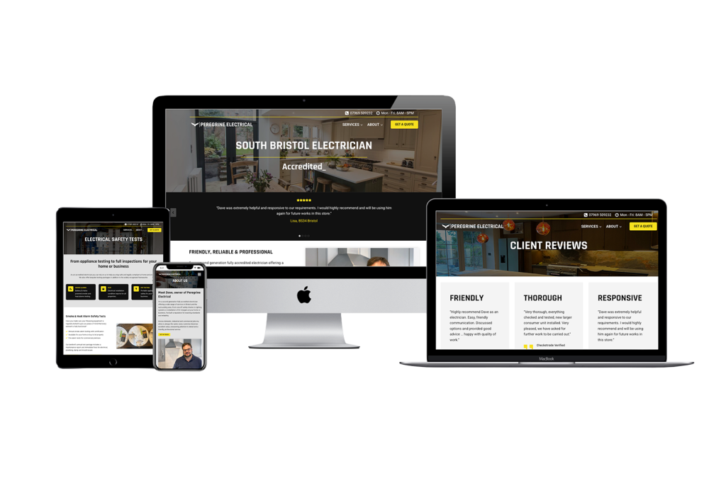 Mock up of Peregrine Electrical website on multiple device screens iMac, Macbook, iPad and iPhone on transparent background.