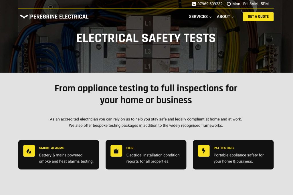 Screenshot of Peregrine Electrical website built by South Pier Web Design - peregrinservices.co.uk