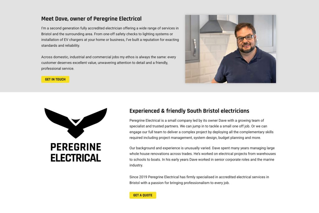 Screenshot of Peregrine Electrical website built by South Pier Web Design - peregrinservices.co.uk